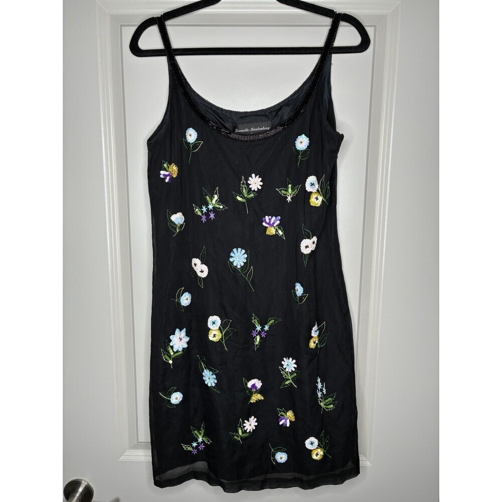 Jeanette Kastenberg Vintage '90s 100% Silk Black Sequined Floral Slip Dress 8